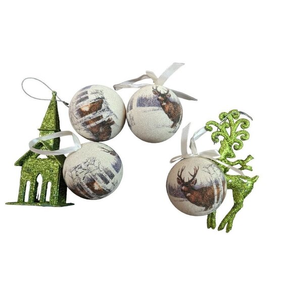 Christams ornament lot  deer church  green white  glitter sparkle - Picture 5 of 9